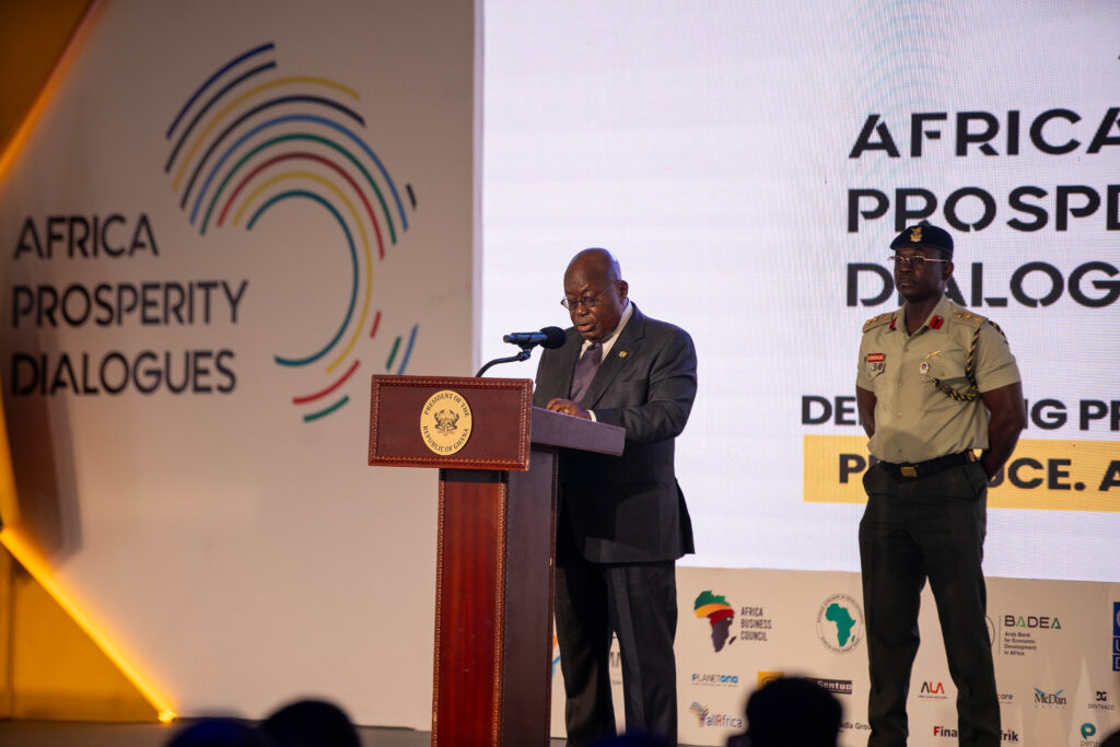 H.E. Nana Addo Dankwa Akufo-Addo addressing the audience at the Africa Prosperity Dialogues (APD) 2024